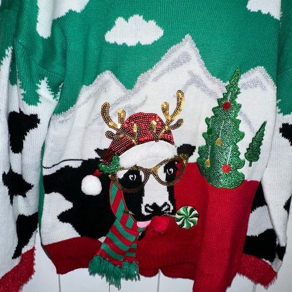 Celebrate Together Green and Red Crew Neck Sweater with Whimsical Design - Picture 2 of 6